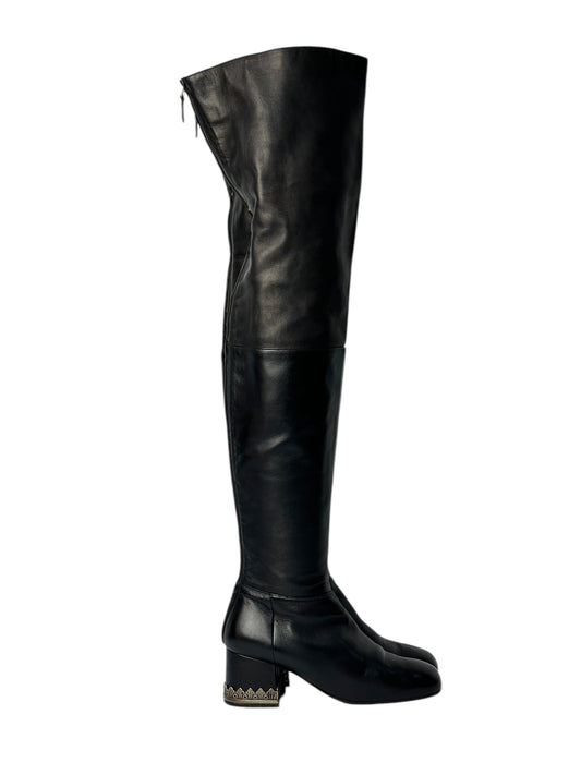 Chanel black leather knee-high boots with low heel