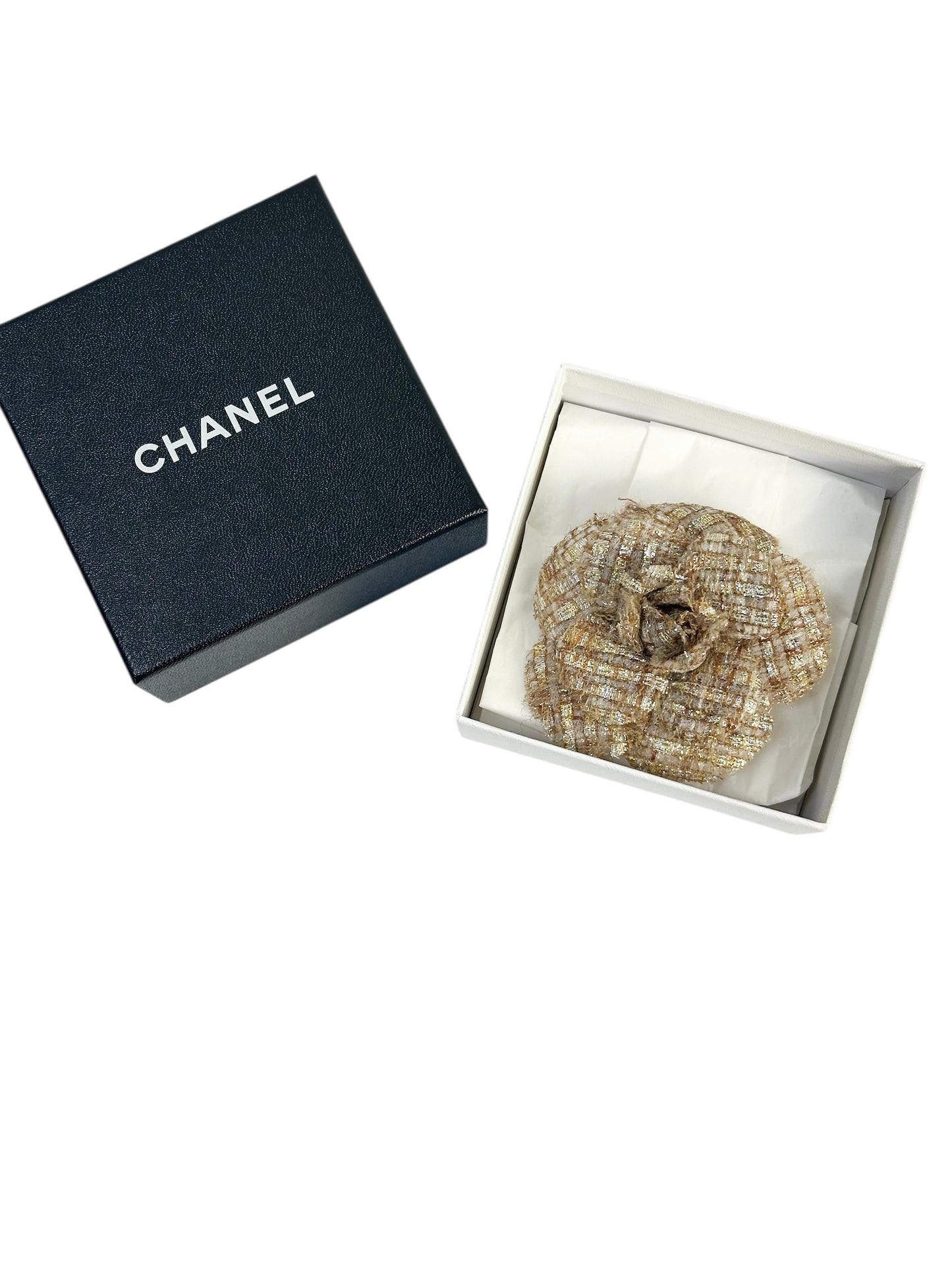 Chanel tweed camellia with golden weave