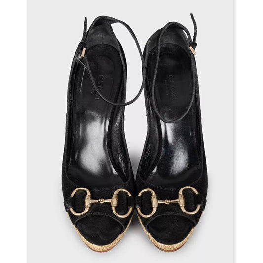 Gucci Black Suede Horsebit Wedge Sandals EU 37.5 Pre-owned