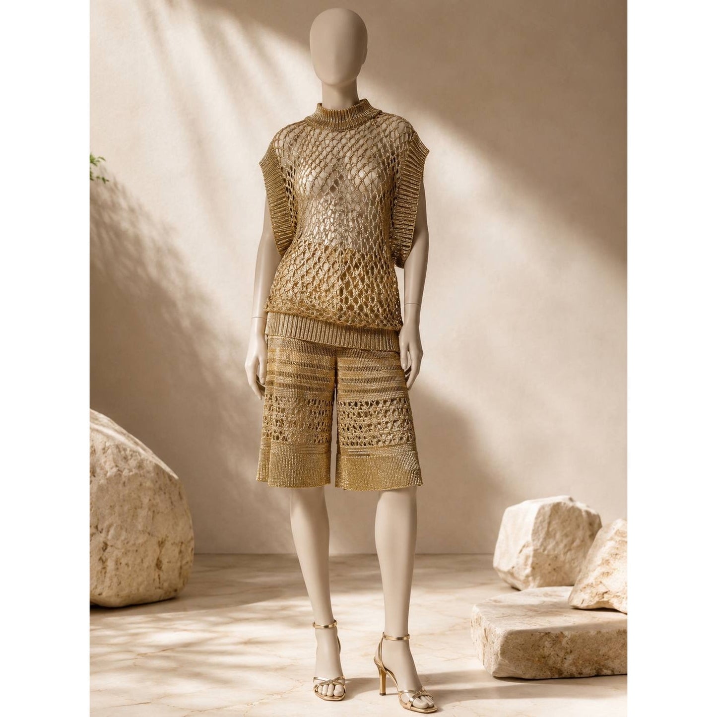 Balmain Gold Open-Knit Top & Bermuda Shorts Set FR 36 Pre-owned