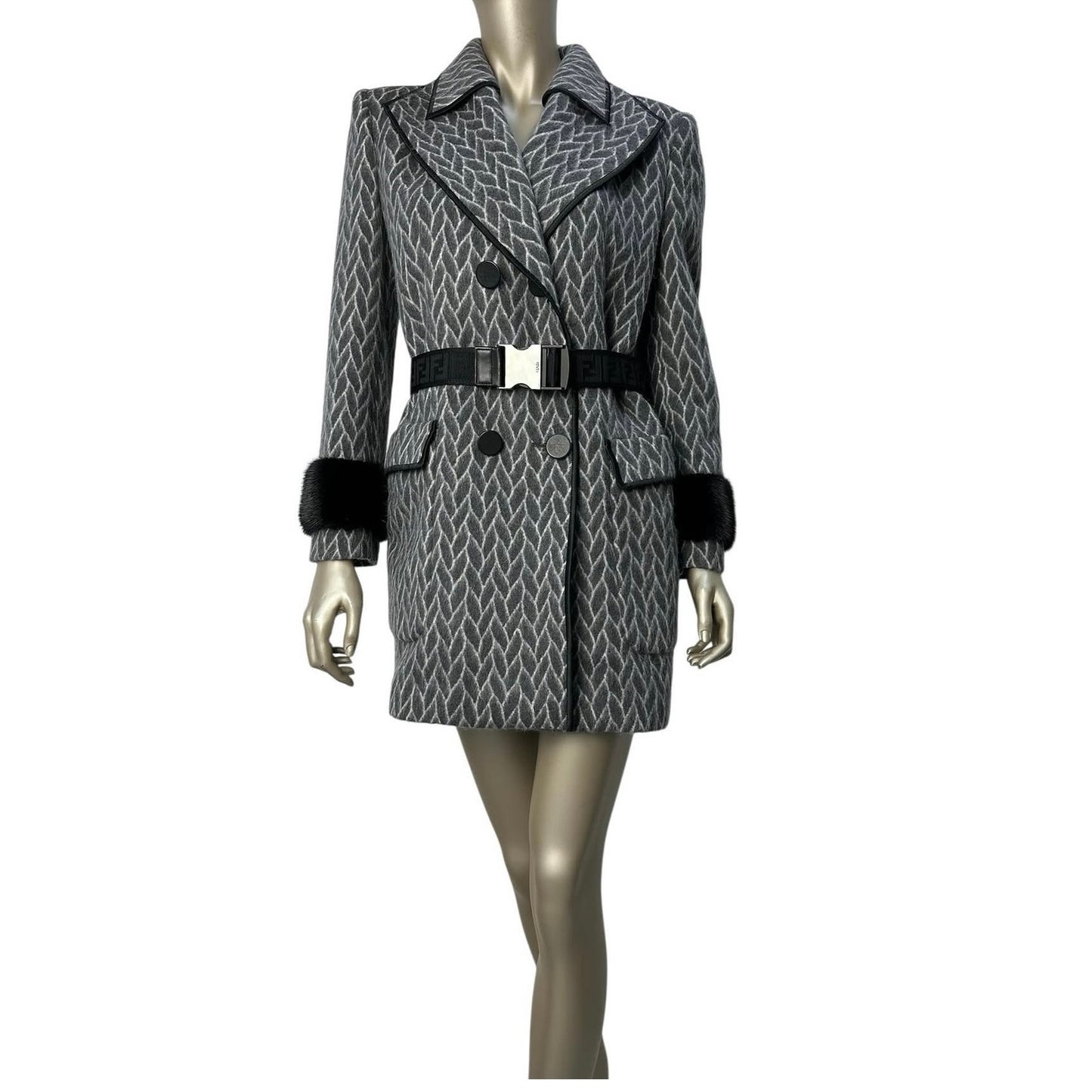 Fendi  Double-Breasted  Mink Sleeves Belted Coat Sz.42 Pre-owned