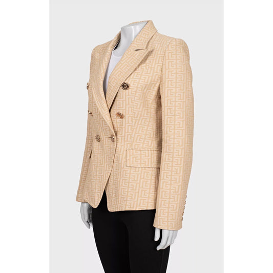 NWOT Balmain Beige Signature Print Fitted Jacket Sz.42 Pre-owned