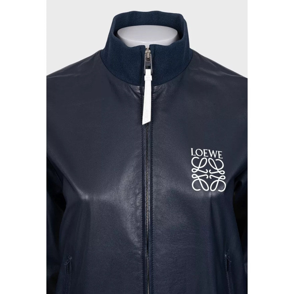 Loewe Blue Leather Jacket with Logo Detail Sz.38/M Pre-owned