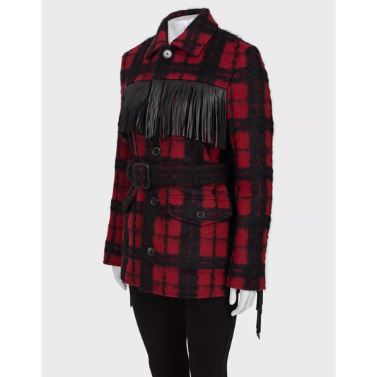Saint Laurent Belted Fringed Checked Wool Coat Jacket  Sz. 42 Pre-owned
