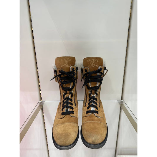 CHANEL 2012 Brown Suede Mid-Calf Combat Boots Size 38.5 pre-owned