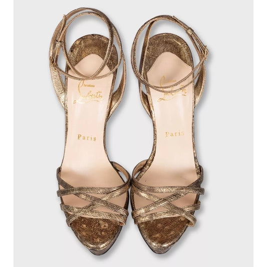 Christian Louboutin Gold Leather Platform High Heel Sandals Sz.38 pre-owned