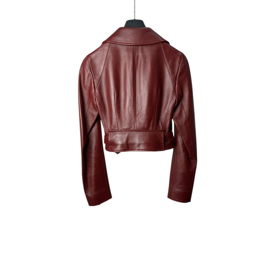 Christian Dior Burgundy Leather Biker Jacket Sz.38 Pre-owned