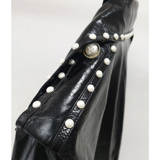 Chanel Black Leather Pearl Studded Jacket - Size 40 pre-owned