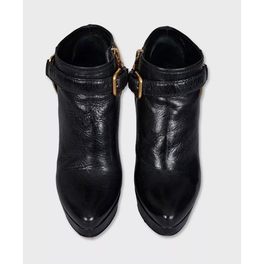Prada Black Leather Ankle Boots with Gold Hardware, Size 36 Pre-owned