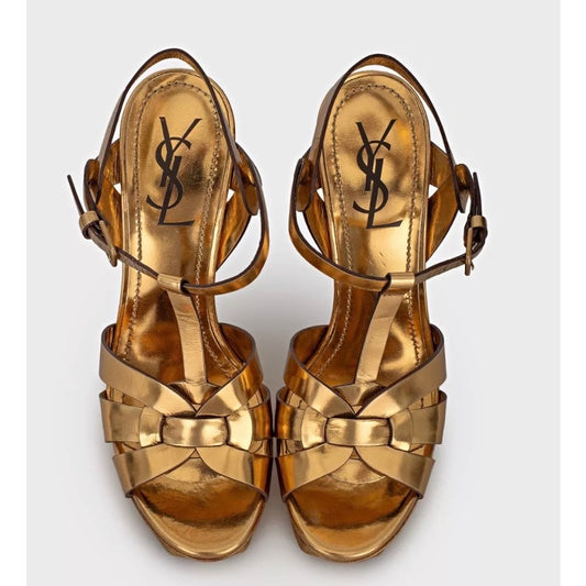 Saint Laurent Gold Leather Block Heel Sandals EU 38 Pre-owned