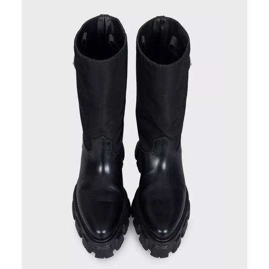 Prada Monolith Black Leather Boots with Silver-Tone Logo - EU 39 Pre-owned