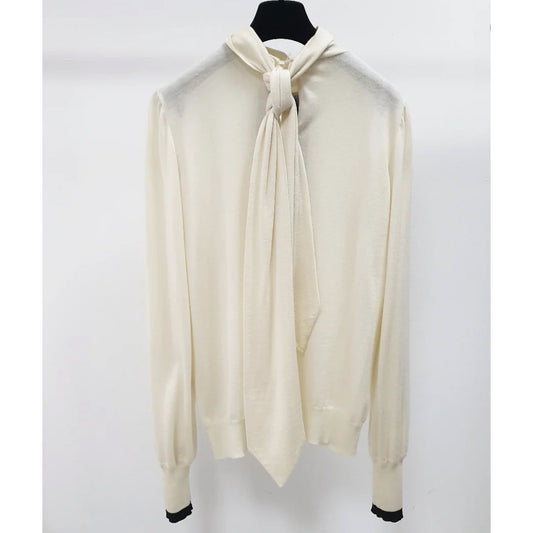 Elegant Chanel Cashmere Tie-Neck Blouse - Size L (FR44) Pre-owned