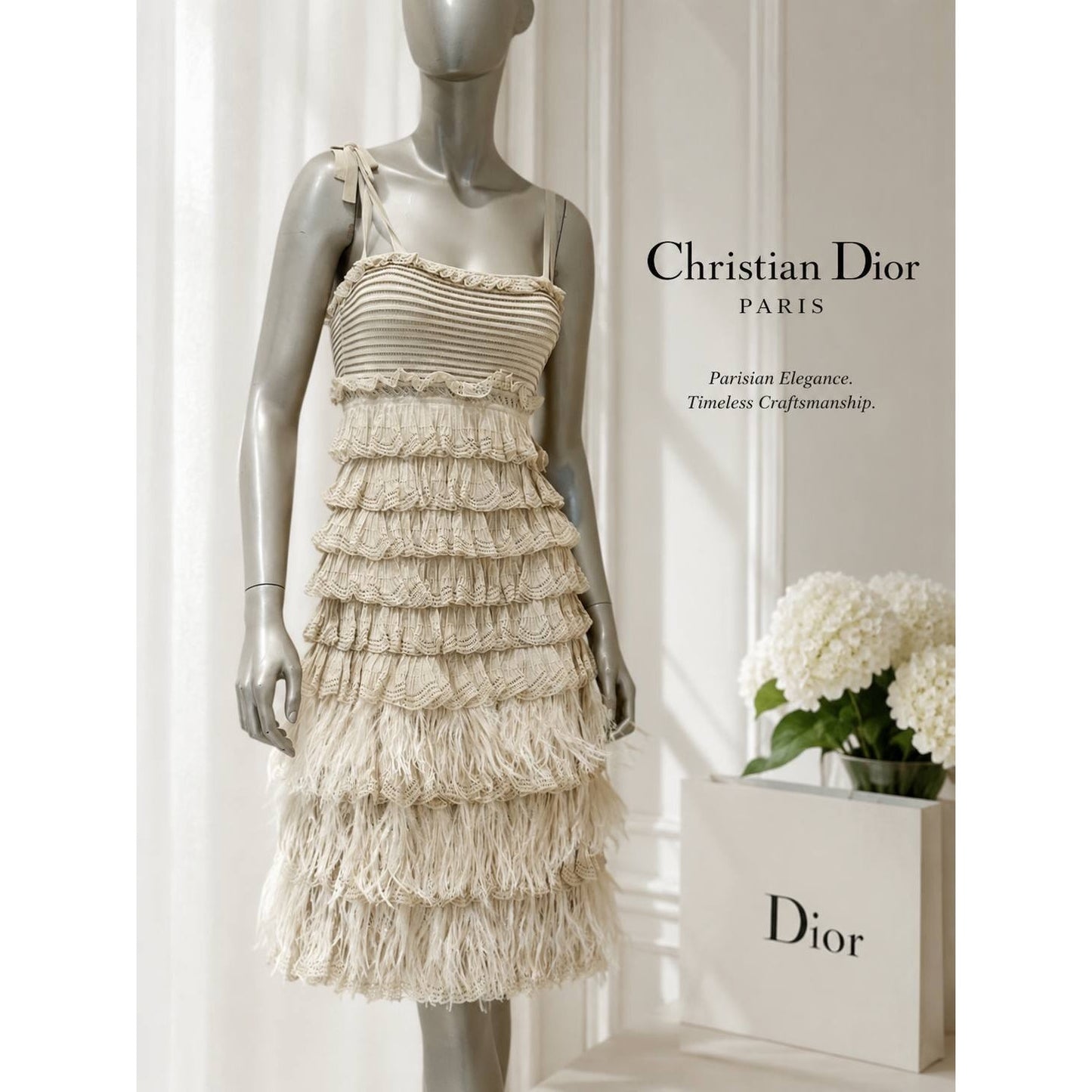 Christian Dior by Galliano Beige Knit Feather Dress Sz.38 Pre-owned