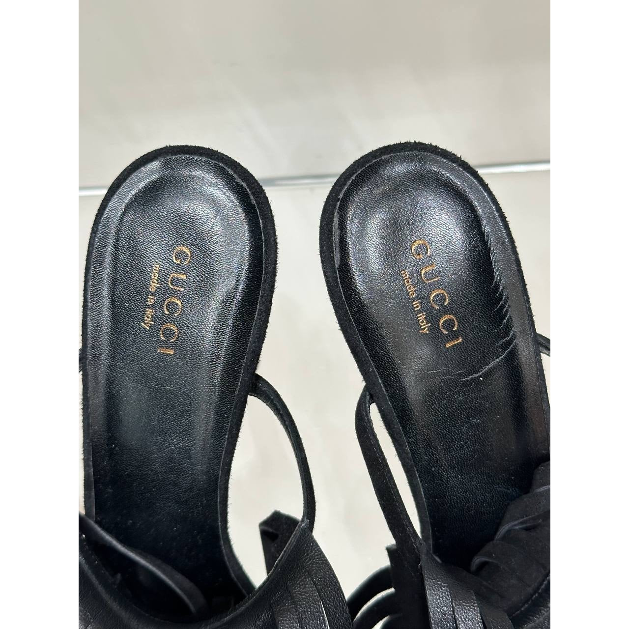 Gucci Becky Black Suede Fringe High-Heel Sandals Sz.38 Pre-owned