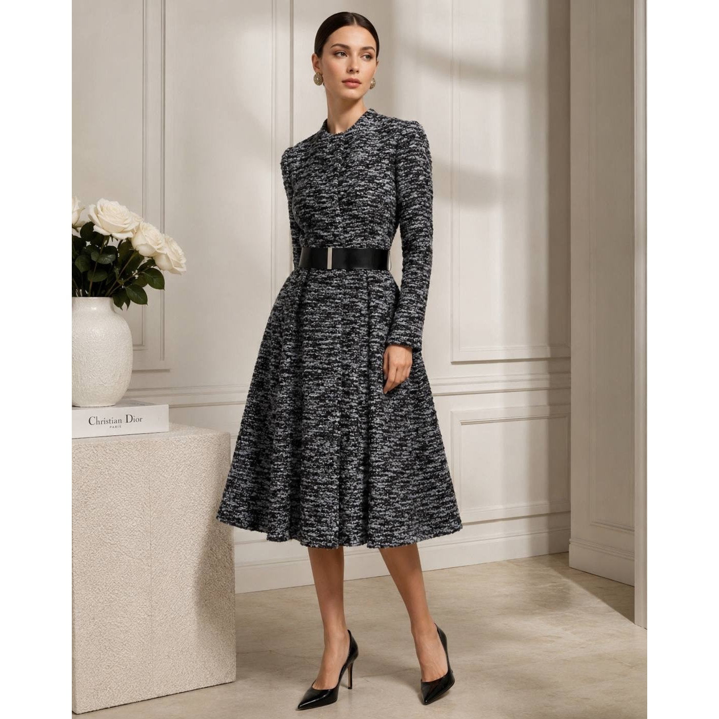 Dior Blue & Black Textured Belted Coat Dress Sz.38 Pre-owned