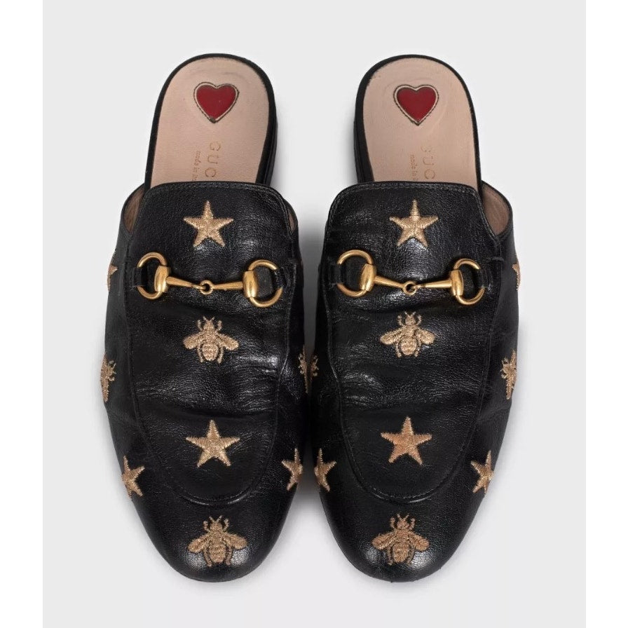 Gucci Black Embroidered Leather Mules - Size 38 Pre-owned