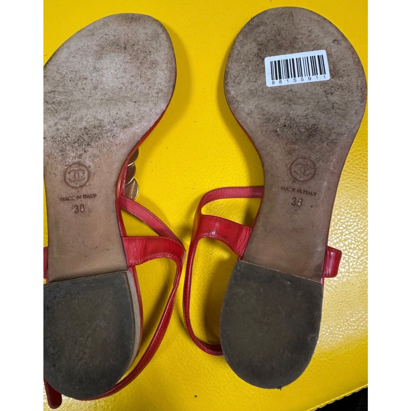 Chanel Red Leather Block Heel Open Toe Sandals Size 38 pre-owned