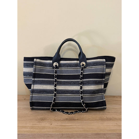 Chanel Deauville Striped Cloth Large Tote Bag Pre-owned