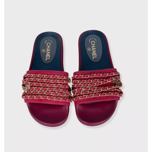 Chanel Pink Textile Slides with Gold Hardware, Size 38 pre-owned