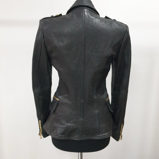 BALMAIN Black Grained Leather Double-Breasted Jacket Sz.38