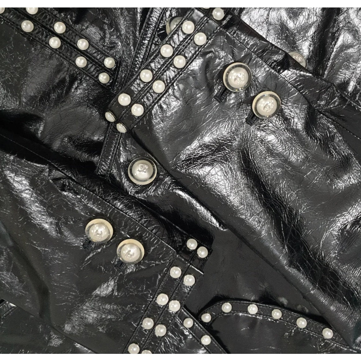 Chanel Black Leather Pearl Studded Jacket - Size 40 pre-owned