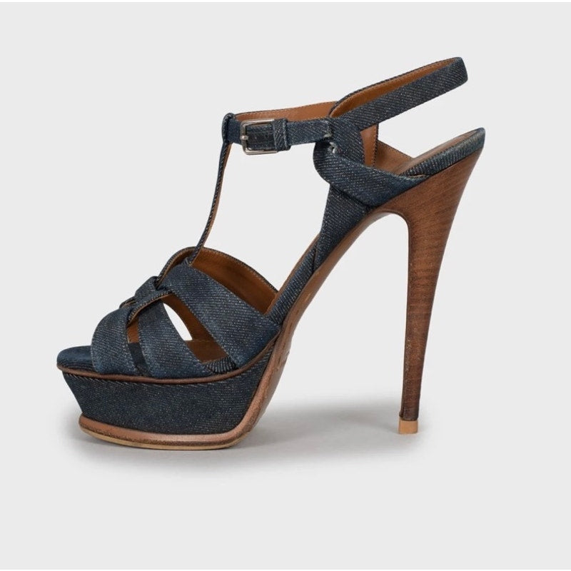 Stylish Saint Laurent Tribute Denim Sandals - Size 37.5 Pre-owned