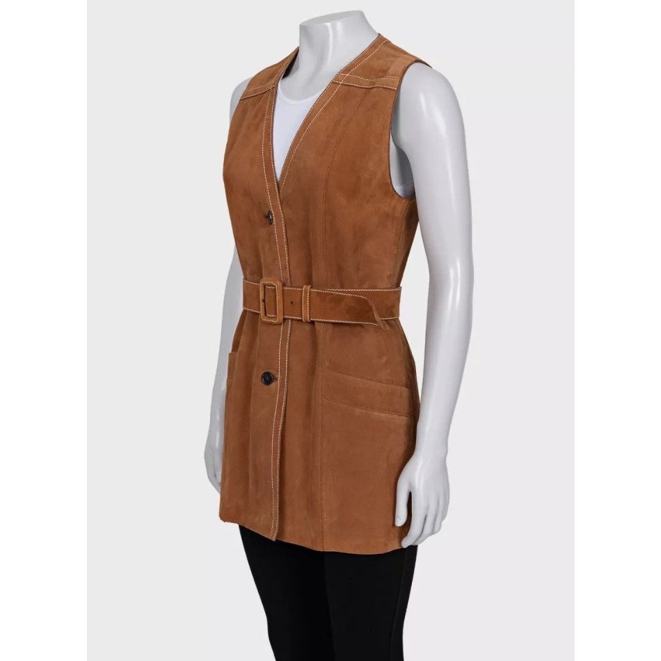 Prada Brown Lambskin Long Vest with Belt - IT40 / S  pre-owned
