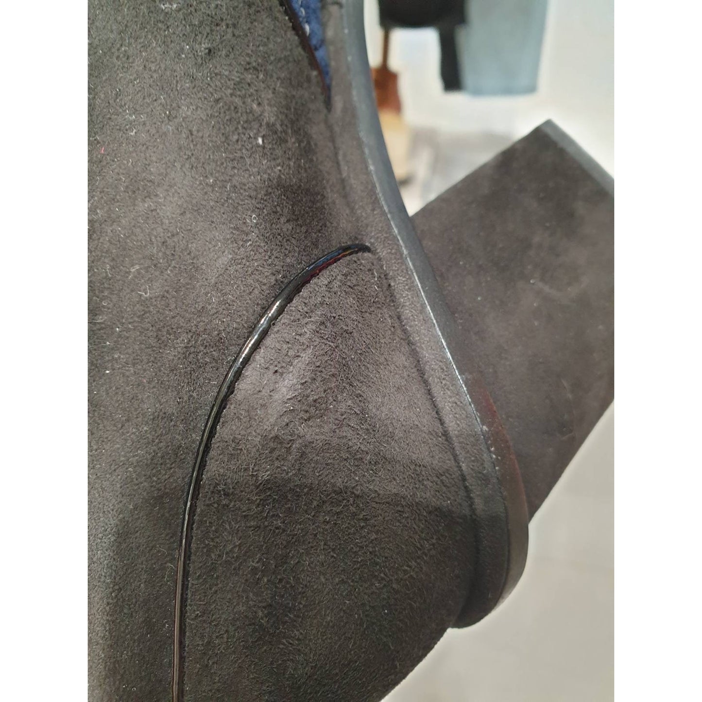 Chanel Blue Black Suede CC Block Heel Oxford Booties 38 Pre-owned