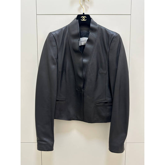 Valentino Black Leather Cropped Fitted Blazer IT 42 Pre-owned
