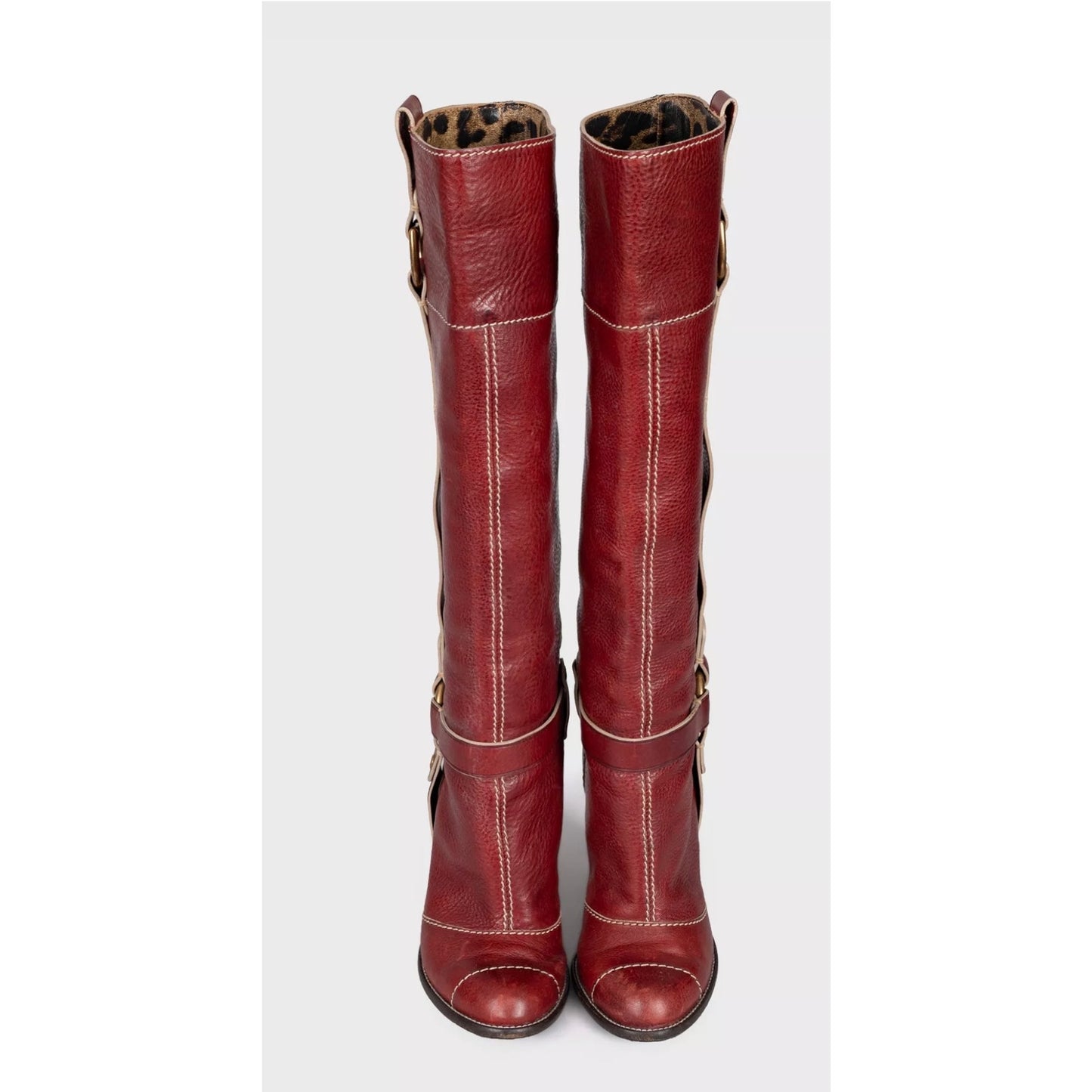 Dolce & Gabbana Red Leather Boots Round Toe Stacked Heel EU 37.5 Pre-owned