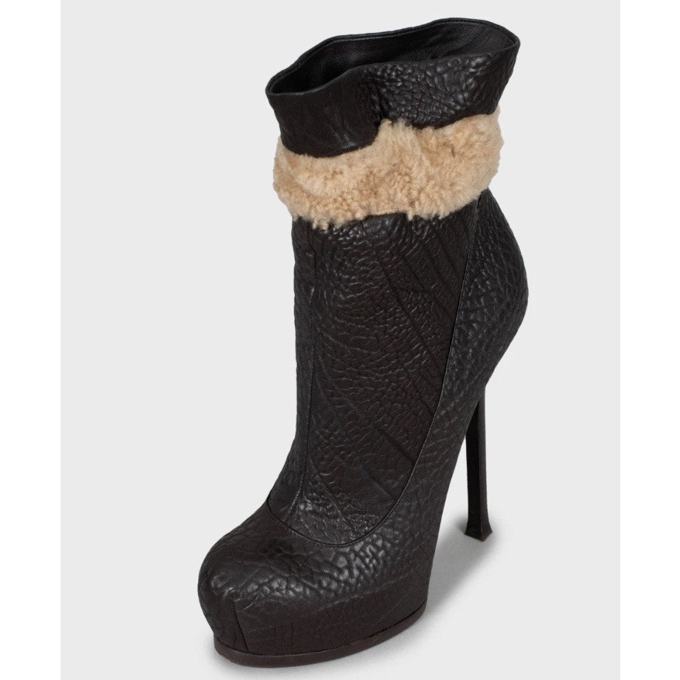 Saint Laurent Brown Leather Fur Trim Ankle Boots - 38.5 pre-owned