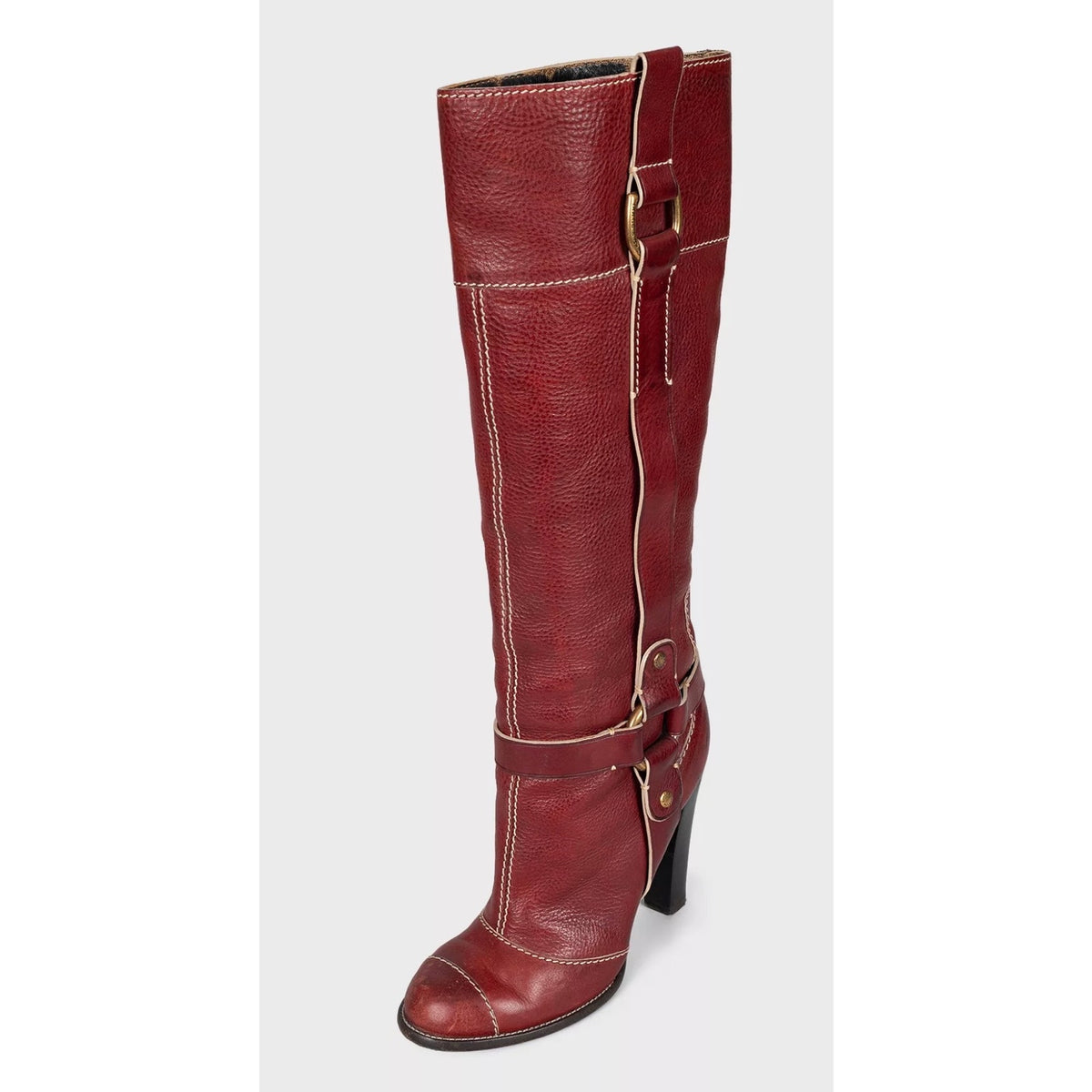 Dolce & Gabbana Red Leather Boots Round Toe Stacked Heel EU 37.5 Pre-owned