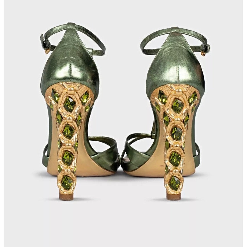 Miu Miu Green Leather Crystal Block Heel Sandals Sz 37.5 pre-owned