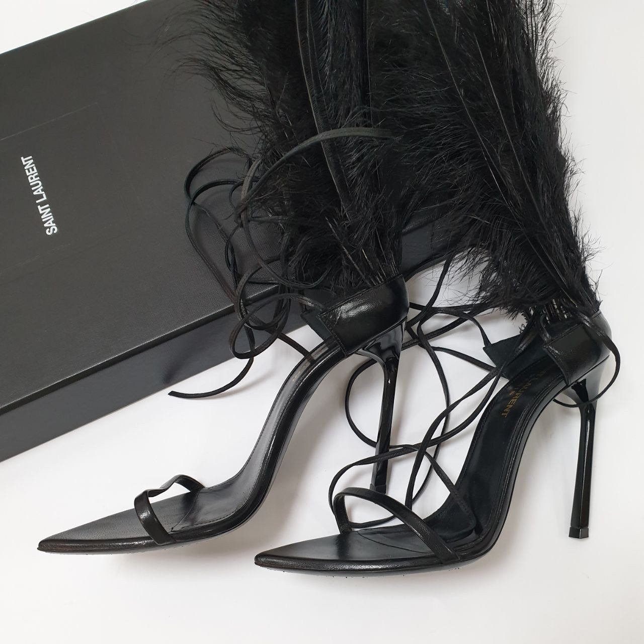 SAINT LAURENT Talitha Crystal Leather Ankle-Wrap Sandals Sz.38 Pre-owned