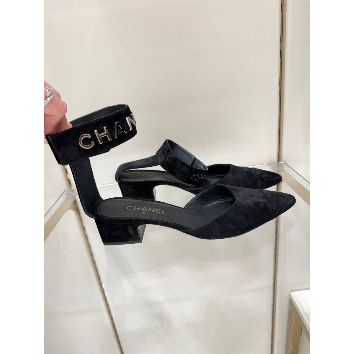 Chanel Black Suede CC Ankle-Strap Pumps Size 41C Pre-owned