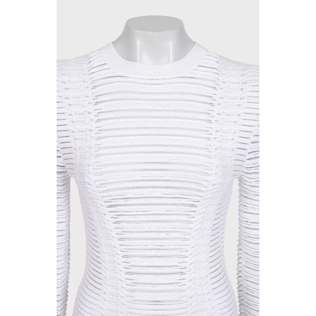 Balmain White Perforated Knit Bodycon Dress Gold Zip Size 36/ S Pre-owned