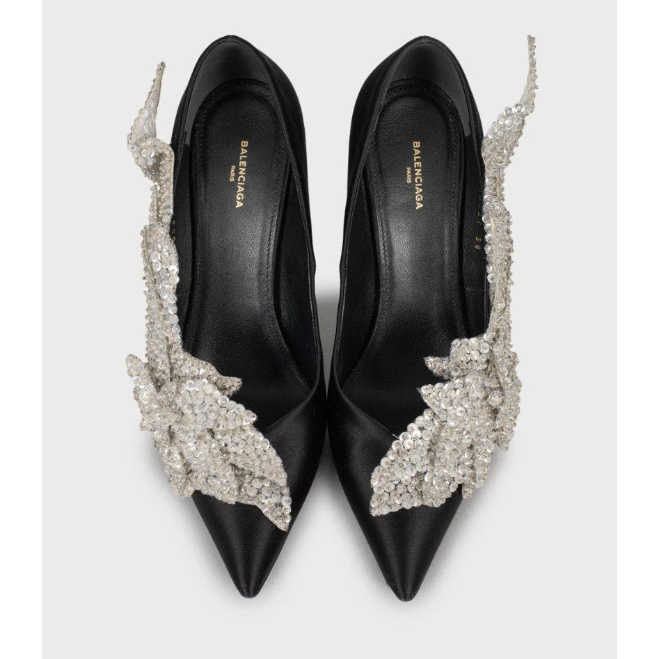 Balenciaga Black Satin Talon Slash Sequin Pumps - Size 38 Pre-owned