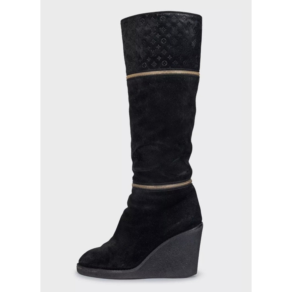 Louis Vuitton Black Suede Wedge Ankle Boots - Size 38.5 Pre-owned