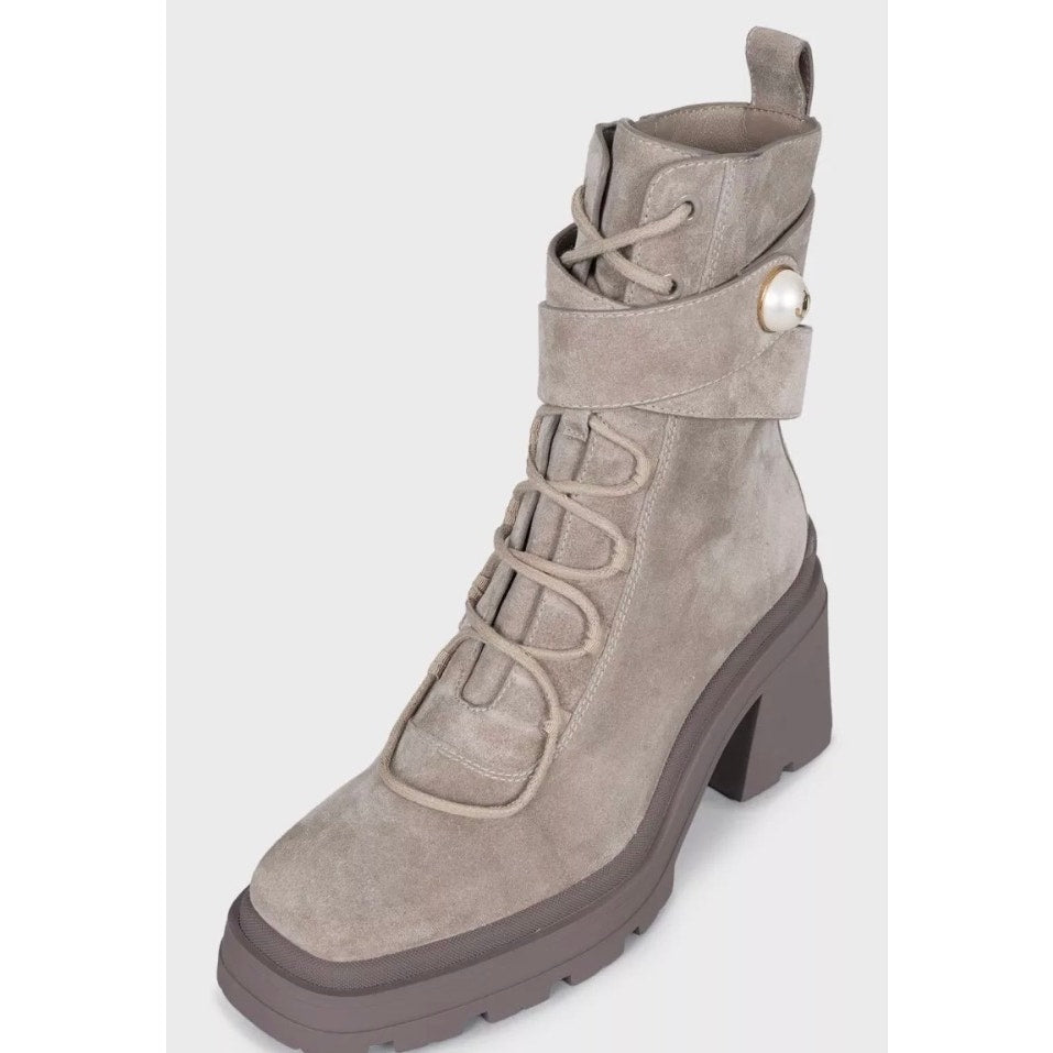 NWB Jimmy Choo Noemi Gray Suede Lace-Up Boots Gold Hardware Sz.37.5 pre-owned