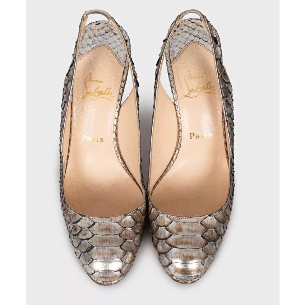 Christian Louboutin Silver Snakeskin Slingback Heels 37 Pre-owned