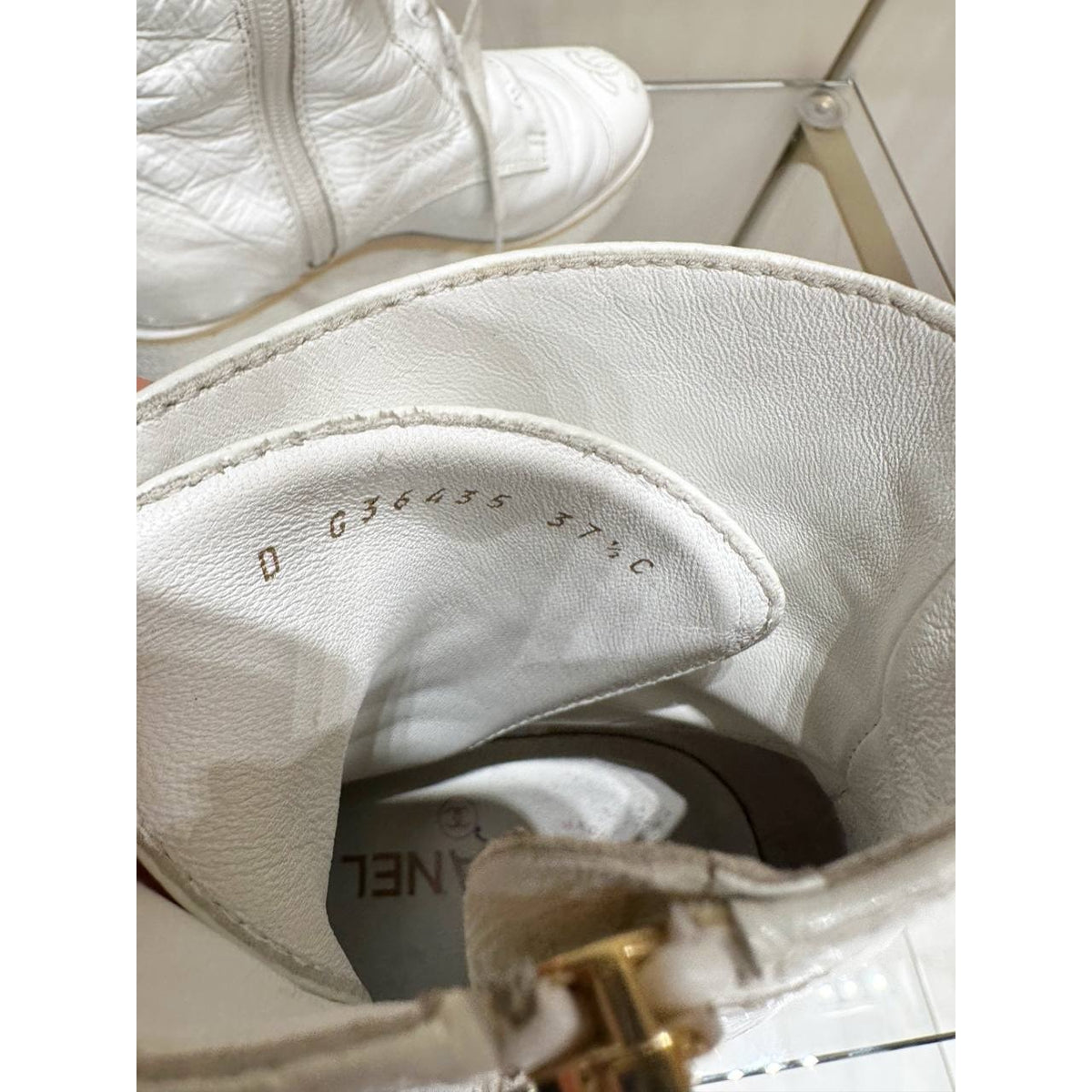 CHANEL 'Ready Steady' White Leather Lace-Up Boots 37.5 Pre-owned