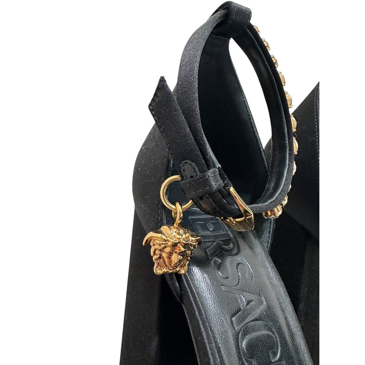 Versace La Medusa Crystal Satin Block Heel Pumps Sz 38 pre-owned