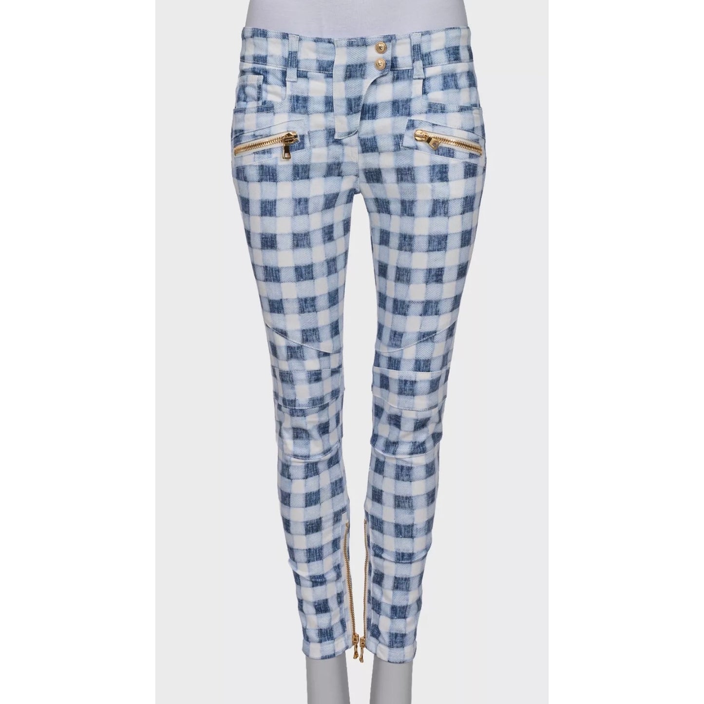 Balmain Plaid Slim-Fit Jeans with Gold Zippers FR38/M Pre-owned