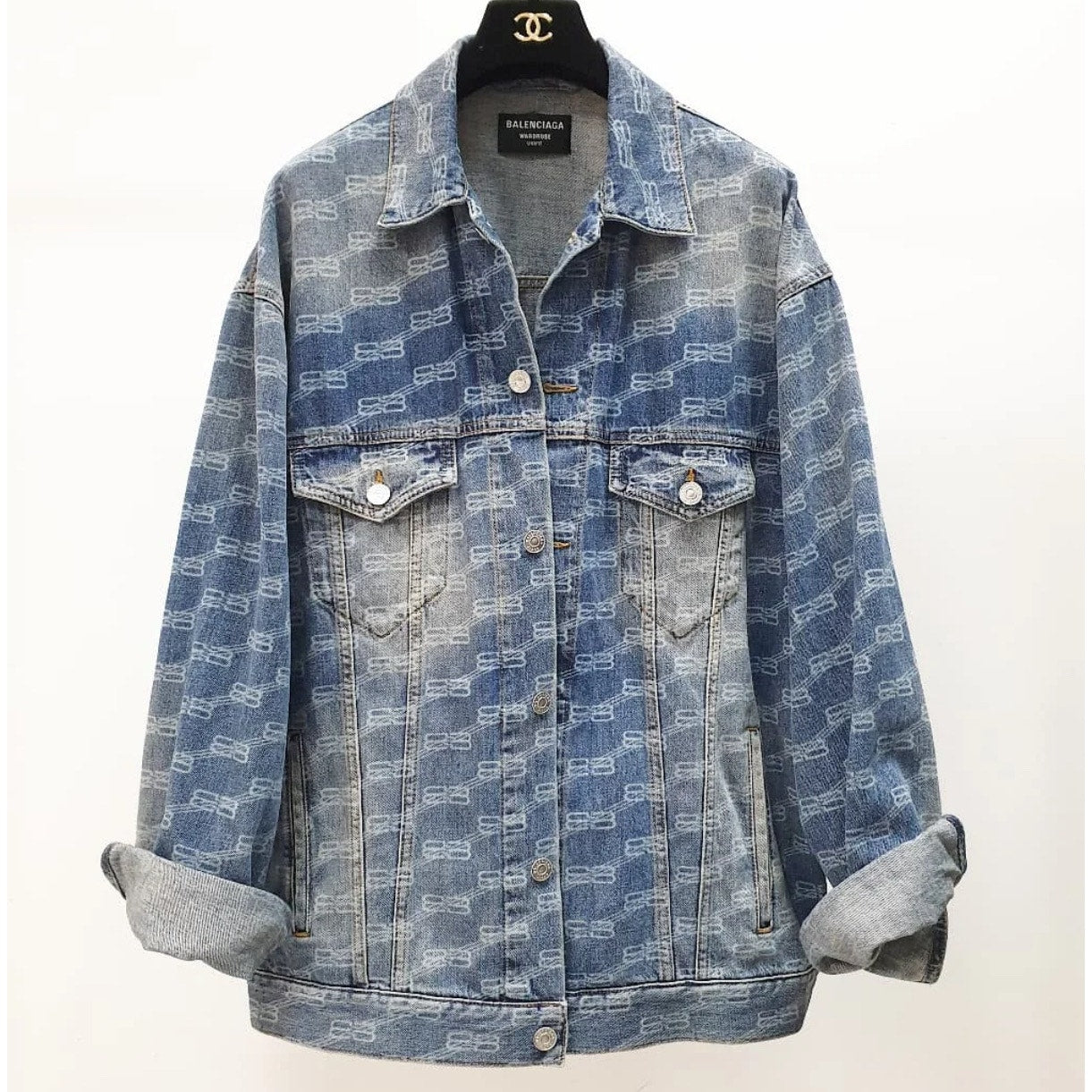 Balenciaga All-Over Logo Denim Oversized Jacket - XS Pre-owned