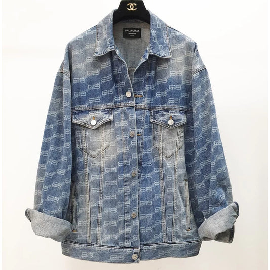 Balenciaga All-Over Logo Denim Oversized Jacket - XS Pre-owned