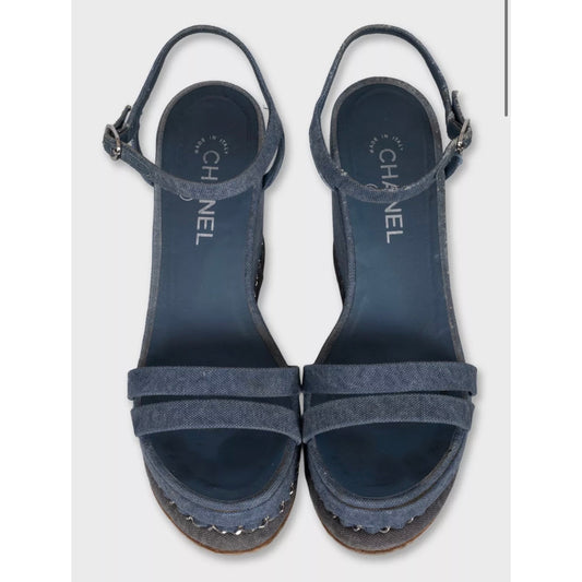 Chanel Blue Denim Wedge Sandals, Size 39.5 pre-owned