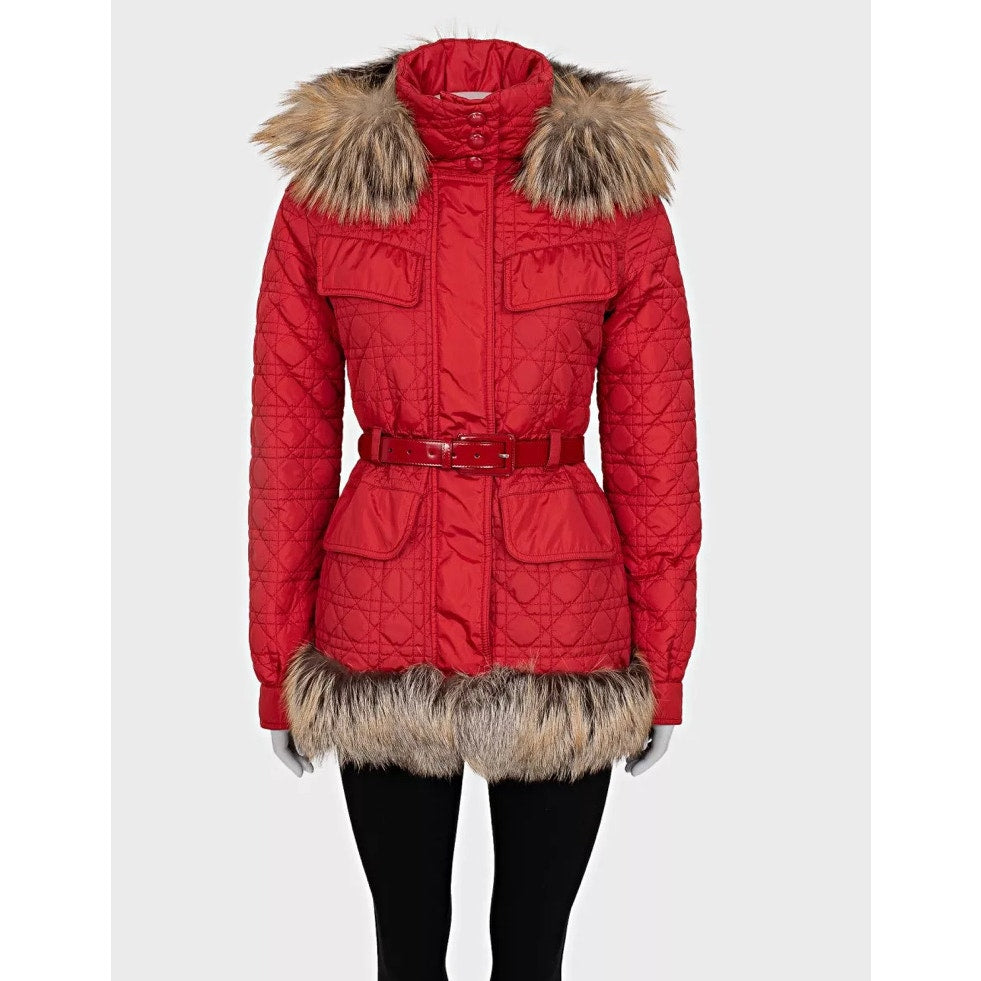 Christian Dior Red Down Coat with Fox Fur Trim - Size 38/M Pre-owned
