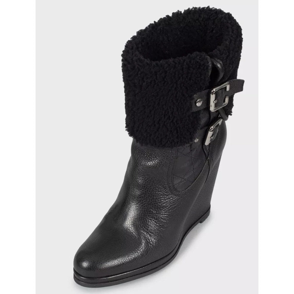 Christian Dior Black Leather Shearling Wedge Boots - Size 40 pre-owned