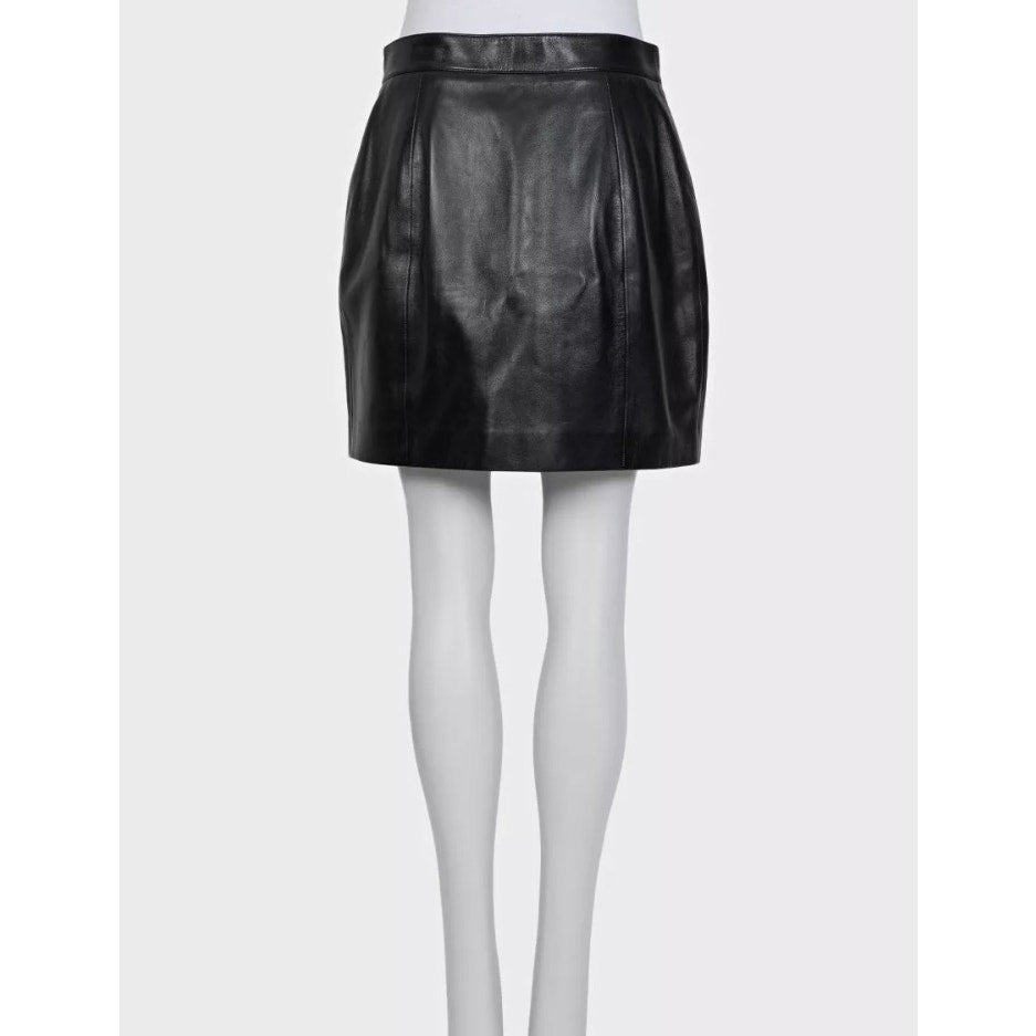 Saint Laurent Black Leather A-Line Button-Up Skirt Sz 42 Pre-owned