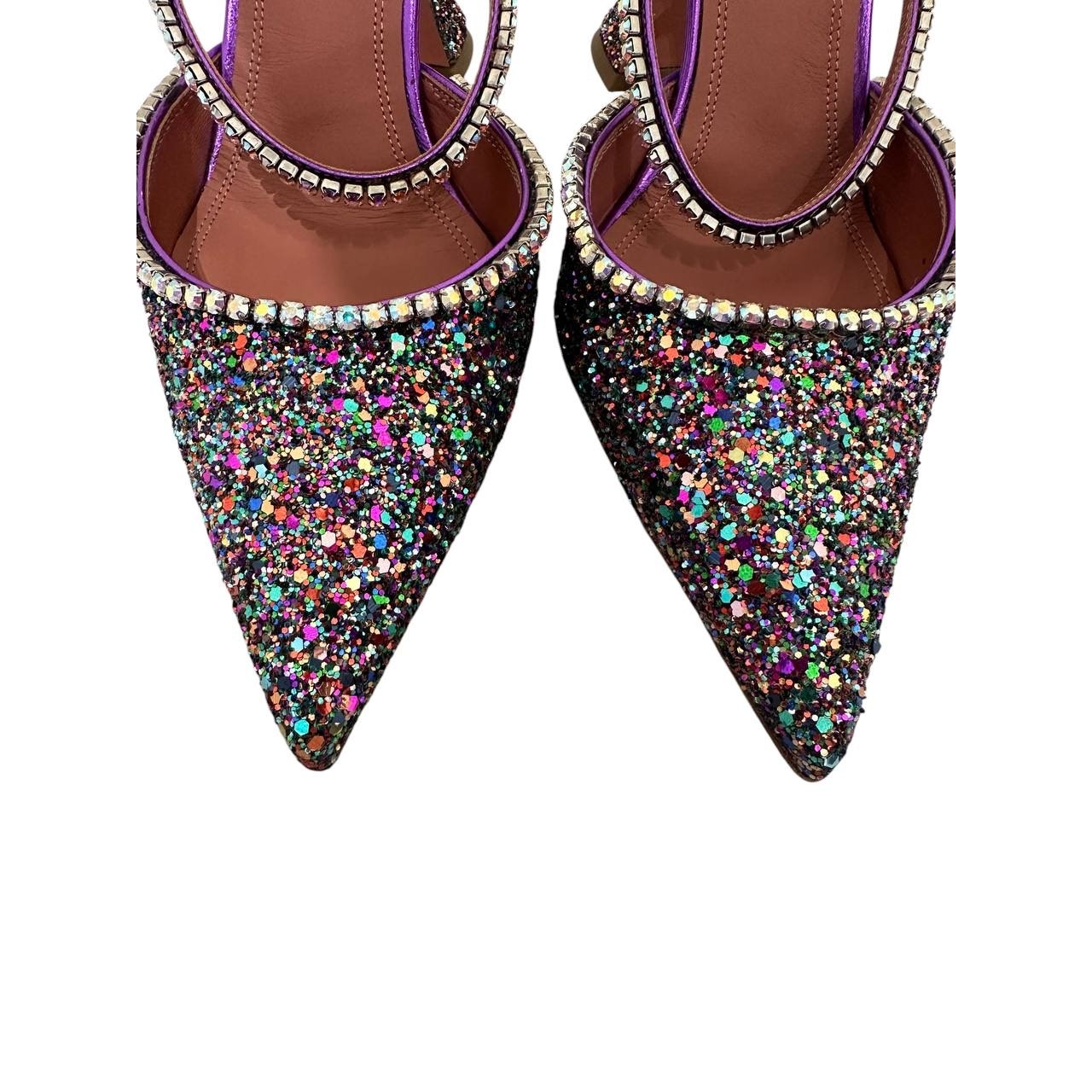 Amina Muaddi Gilda Multicolor Glitter Leather Mules Sz 39.5